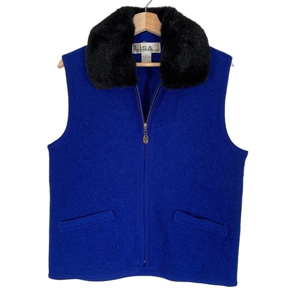 Vintage Lisa International Y2k Faux Fur Wool Vest Size Medium Blue - Picture 1 of 10